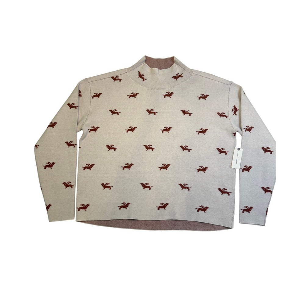 Anthropologie Maeve Carys Dachshund Sweater Small Ivory Mock‎ Neck Dog Print NWT